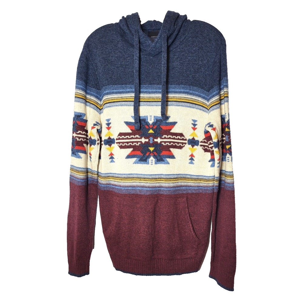 American Eagle Hooded Sweater SW Aztec Geometric Blue/Burgundy Small‎ 90s BOHO